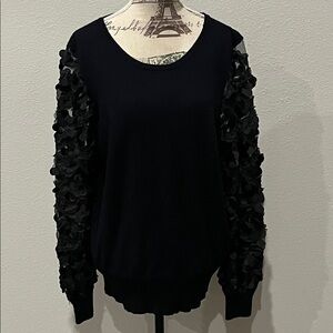 Alfani Black sweater with puffy sheer sleeves & large sequence holiday attire